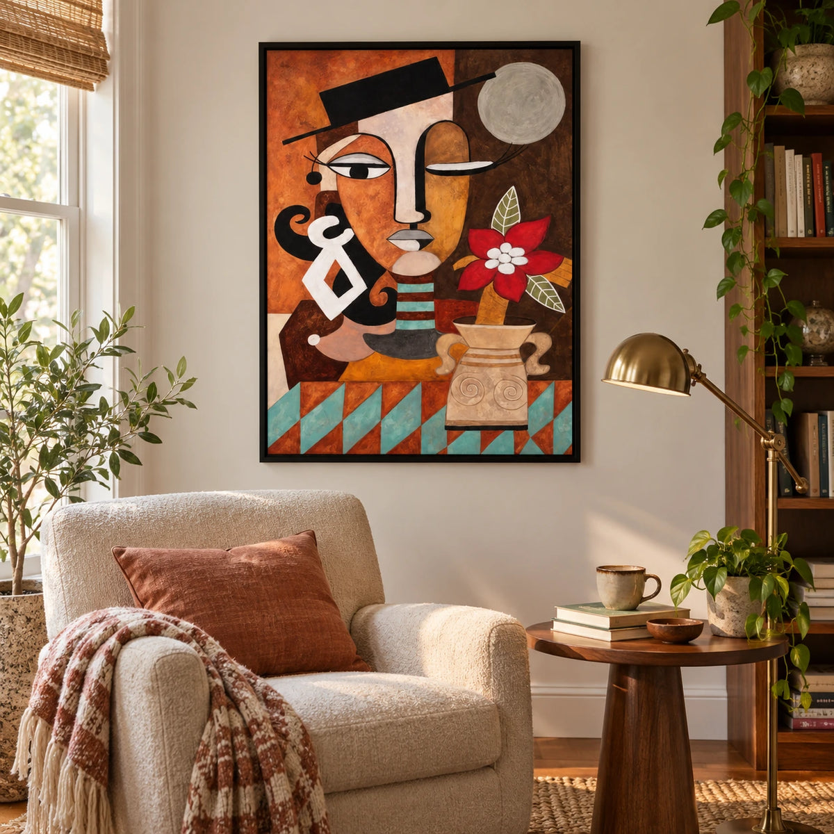 Cubist Woman with Red Flower Oil Painting | Black Hat Ochre Face Turquoise Accents and Vase Vertical Portrait Wall Art OA 1764