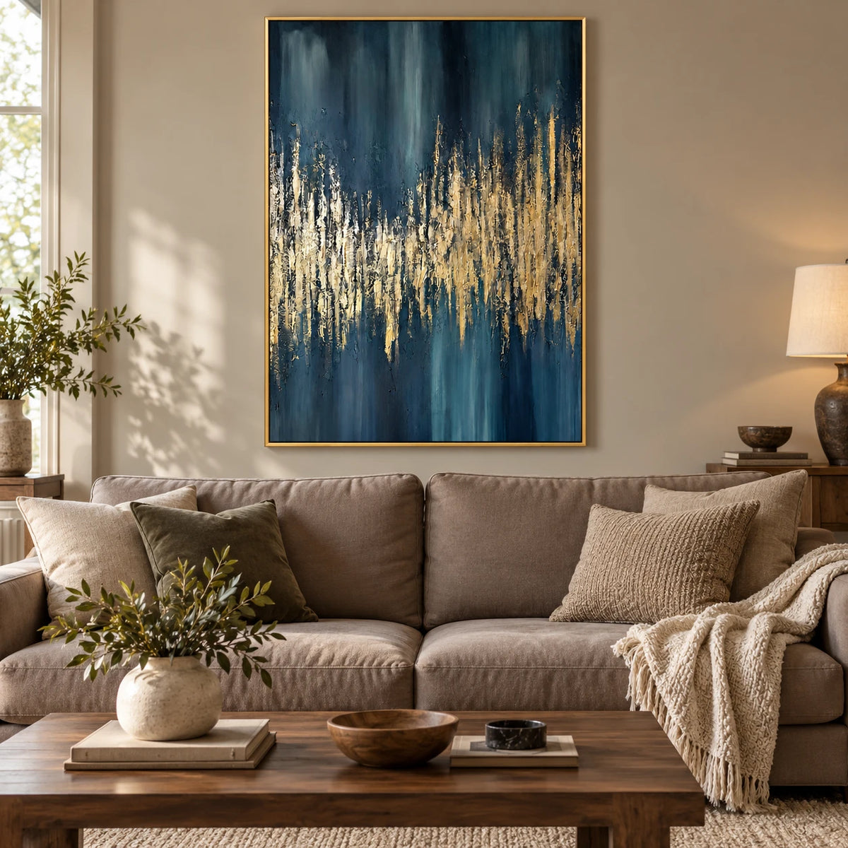 Dark Teal and Gold Abstract Oil Painting | Jagged Metallic Horizon and Blue Vertical Strokes Textured Wall Art #OA 1797