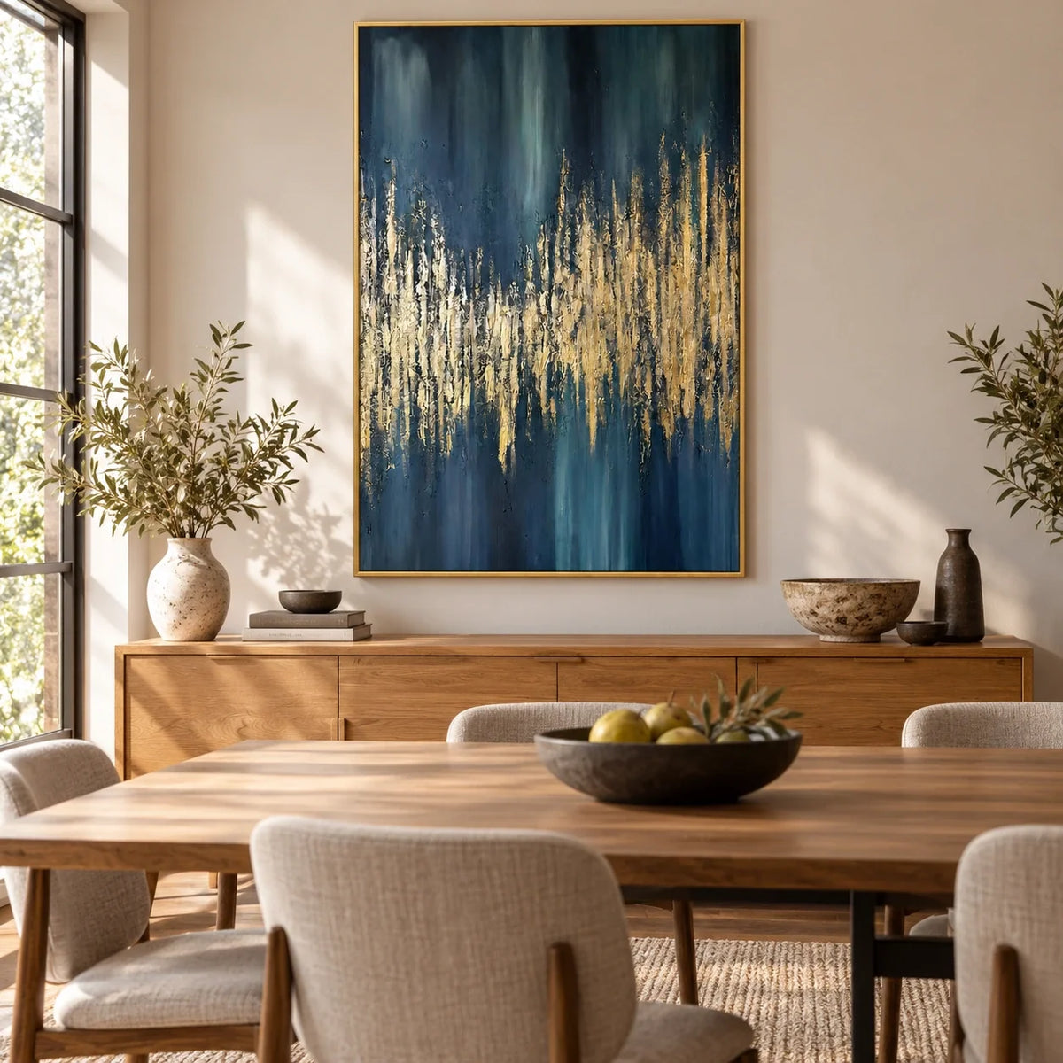 Dark Teal and Gold Abstract Oil Painting | Jagged Metallic Horizon and Blue Vertical Strokes Textured Wall Art #OA 1797
