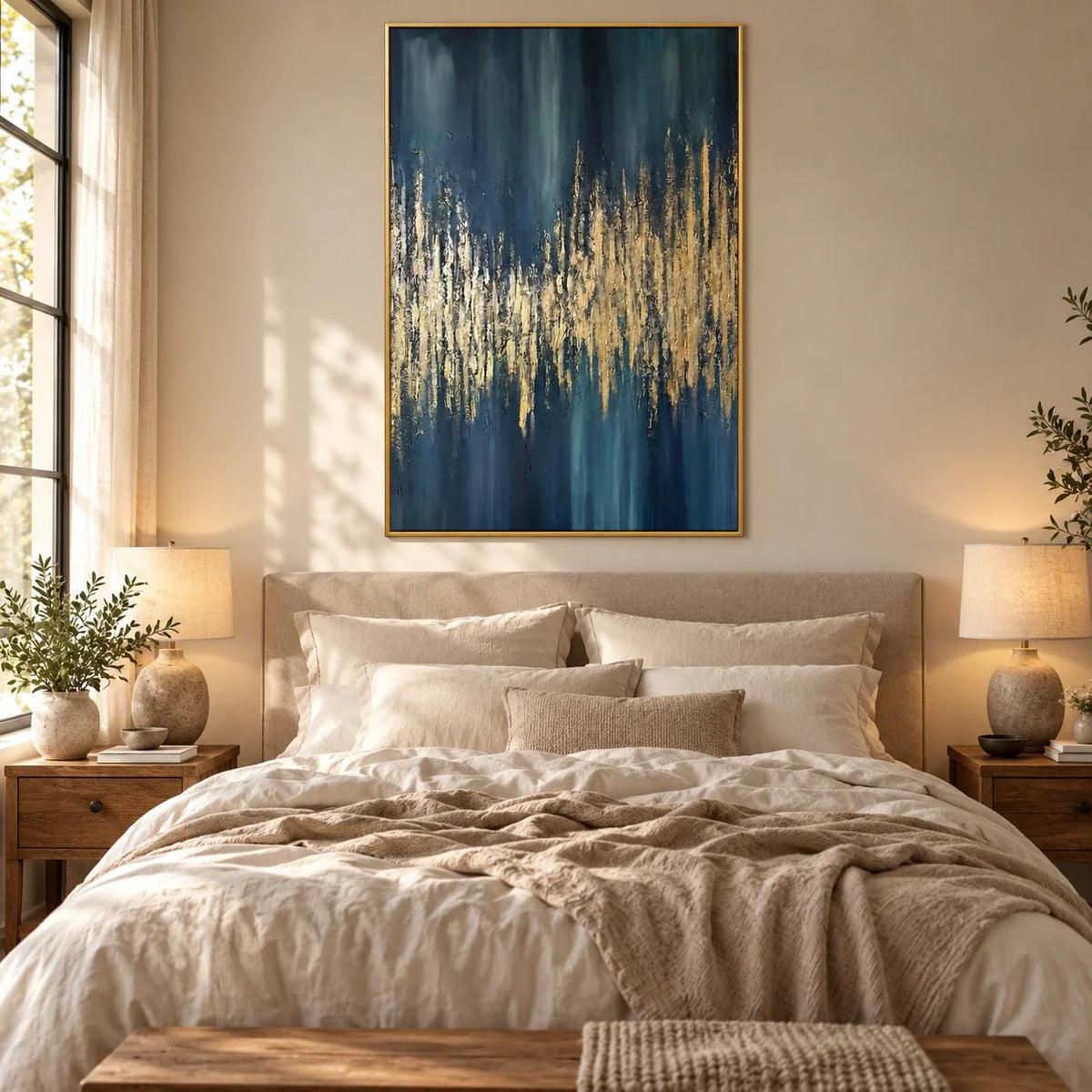 Dark Teal and Gold Abstract Oil Painting | Jagged Metallic Horizon and Blue Vertical Strokes Textured Wall Art #OA 1797