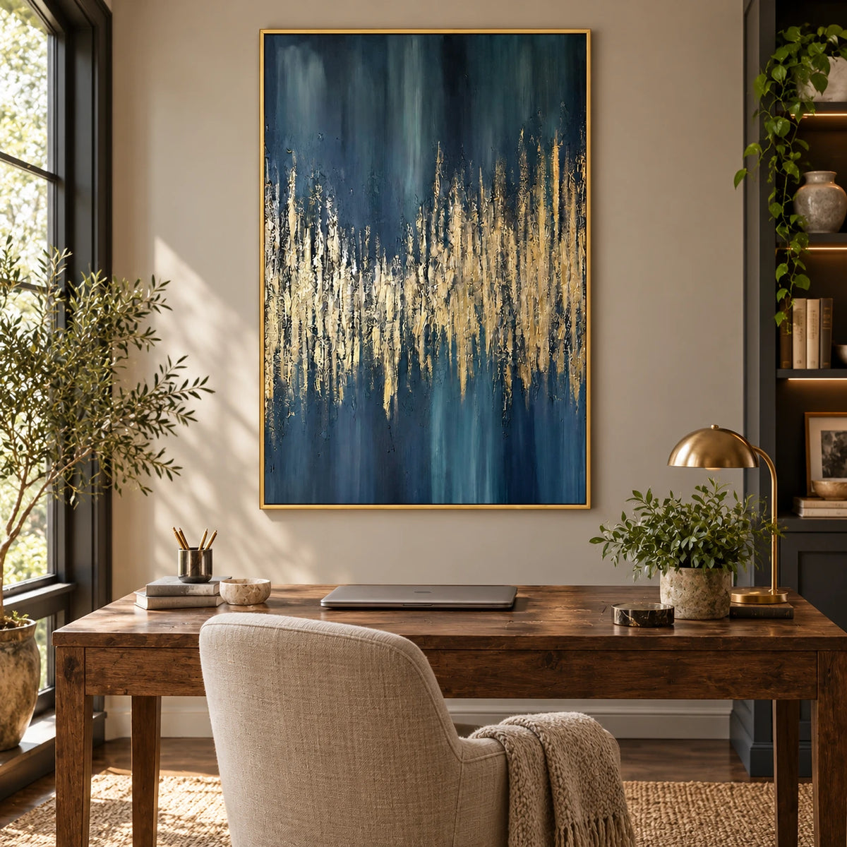 Dark Teal and Gold Abstract Oil Painting | Jagged Metallic Horizon and Blue Vertical Strokes Textured Wall Art #OA 1797