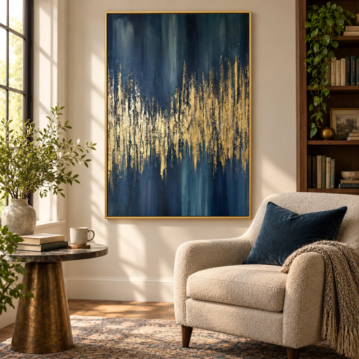 Dark Teal and Gold Abstract Oil Painting | Jagged Metallic Horizon and Blue Vertical Strokes Textured Wall Art #OA 1797