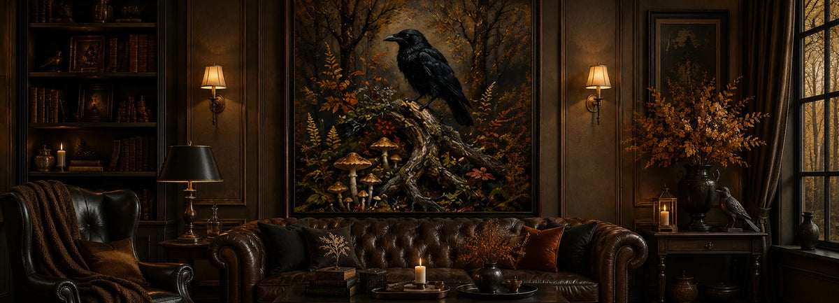 Large hand-painted dark woodland oil painting featuring a black raven perched on a mossy fallen branch with mushrooms and autumn foliage, displayed above a brown leather sofa in a gothic living room.