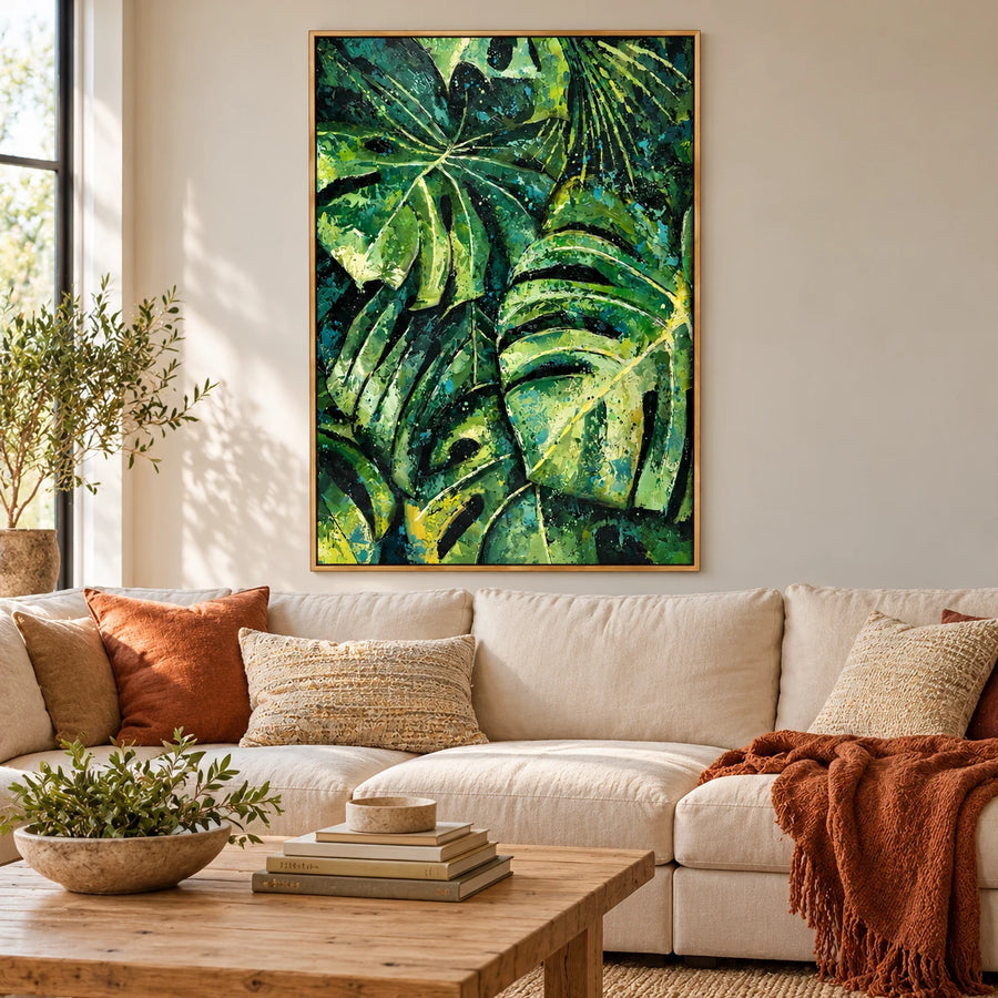 Deep Green Monstera Leaves Oil Painting | Layered Tropical Foliage Textured Vertical Botanical Canvas Wall Art #OA 1816