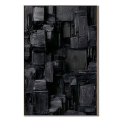 Deep Black and Charcoal Gray Urban Matrix Textured Abstract Oil Painting – Vertical Geometric Industrial Wall Art | Ownanart # OA 1209