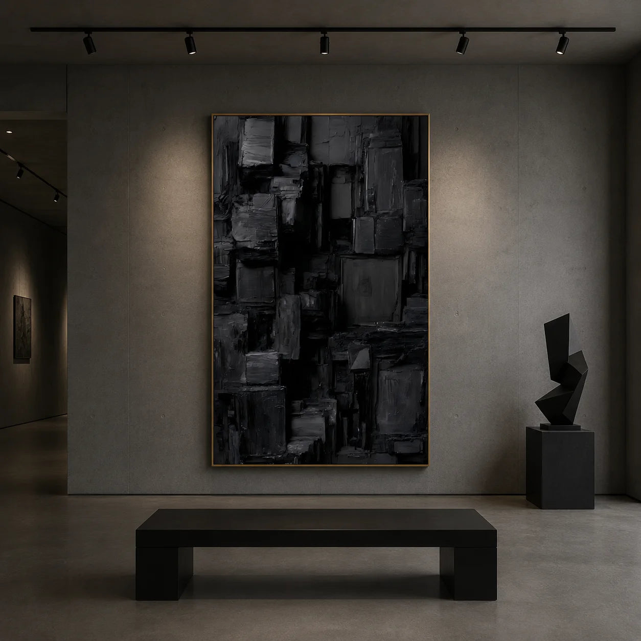 Deep Black and Charcoal Gray Urban Matrix Textured Abstract Oil Painting – Vertical Geometric Industrial Wall Art | Ownanart # OA 1209