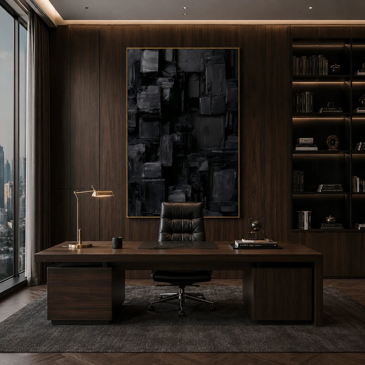 Deep Black and Charcoal Gray Urban Matrix Textured Abstract Oil Painting – Vertical Geometric Industrial Wall Art | Ownanart # OA 1209