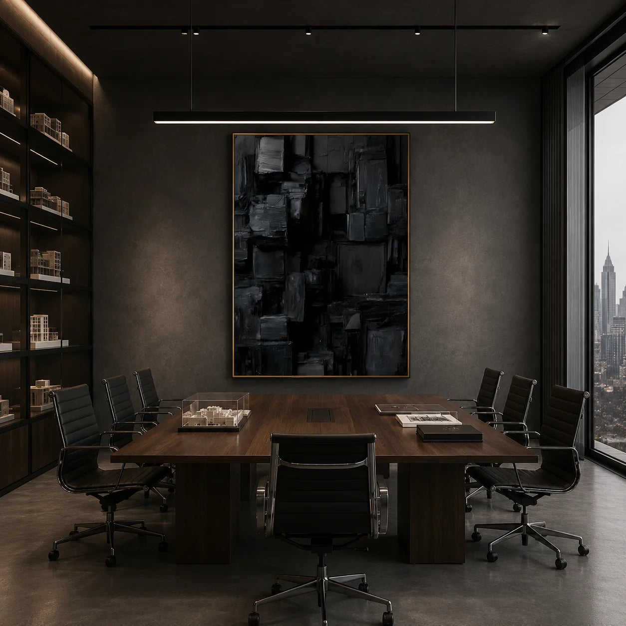 Deep Black and Charcoal Gray Urban Matrix Textured Abstract Oil Painting – Vertical Geometric Industrial Wall Art | Ownanart # OA 1209