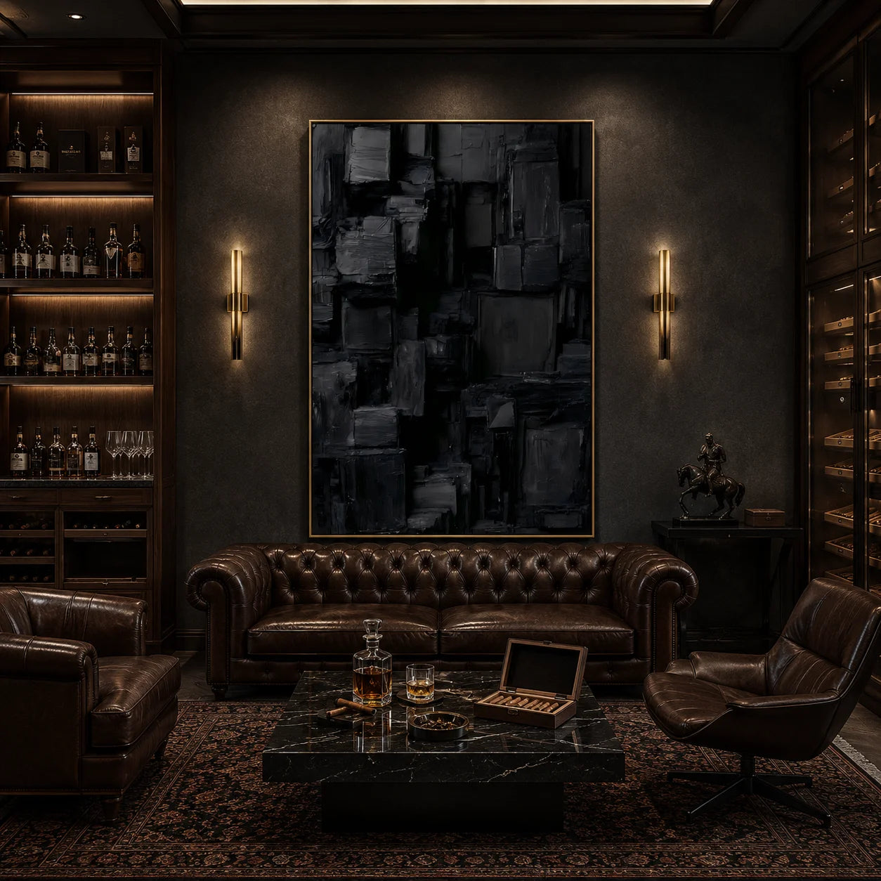 Deep Black and Charcoal Gray Urban Matrix Textured Abstract Oil Painting – Vertical Geometric Industrial Wall Art | Ownanart # OA 1209