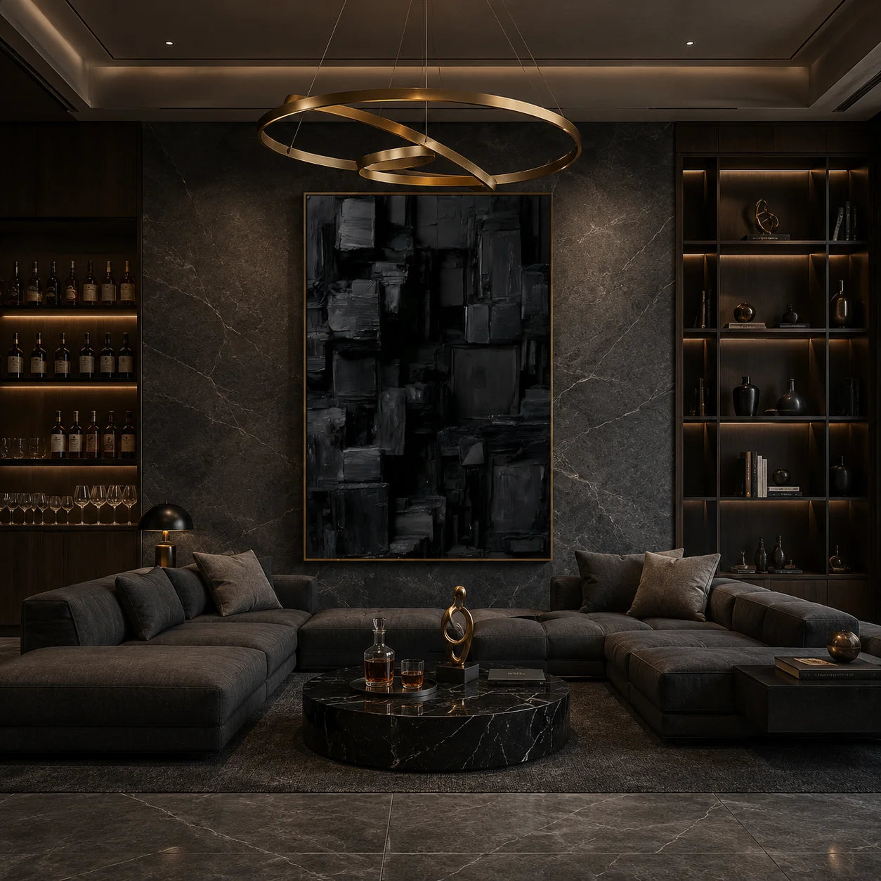 Deep Black and Charcoal Gray Urban Matrix Textured Abstract Oil Painting – Vertical Geometric Industrial Wall Art | Ownanart # OA 1209