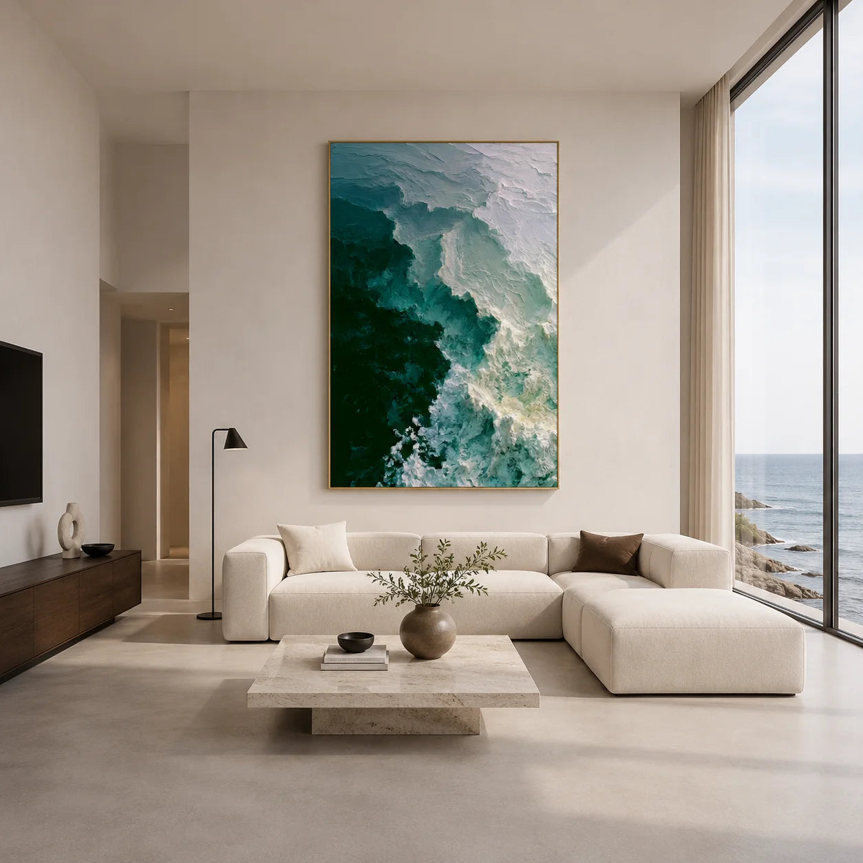 Deep Emerald Green and Seafoam White Ocean Wave Textured Abstract Oil Painting – Vertical Coastal Wall Art | Ownanart # OA 1212