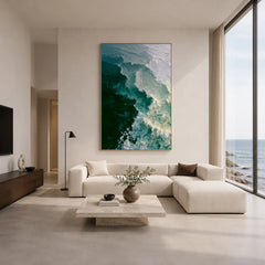 Deep Emerald Green and Seafoam White Ocean Wave Textured Abstract Oil Painting – Vertical Coastal Wall Art | Ownanart # OA 1212