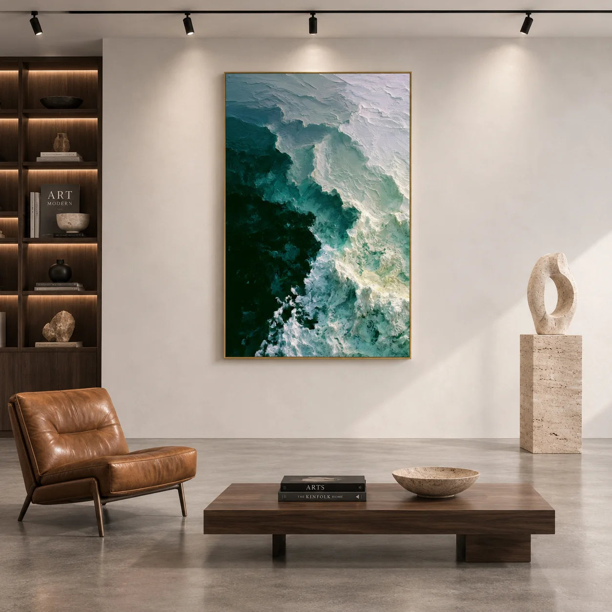 Deep Emerald Green and Seafoam White Ocean Wave Textured Abstract Oil Painting – Vertical Coastal Wall Art | Ownanart # OA 1212