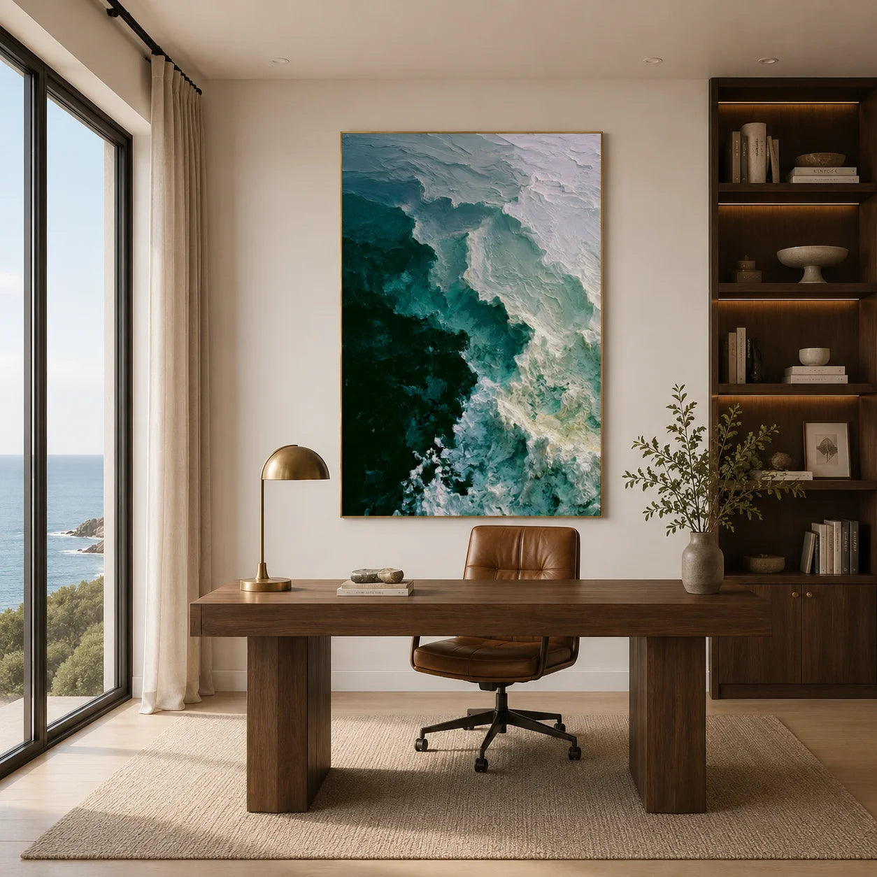 Deep Emerald Green and Seafoam White Ocean Wave Textured Abstract Oil Painting – Vertical Coastal Wall Art | Ownanart # OA 1212
