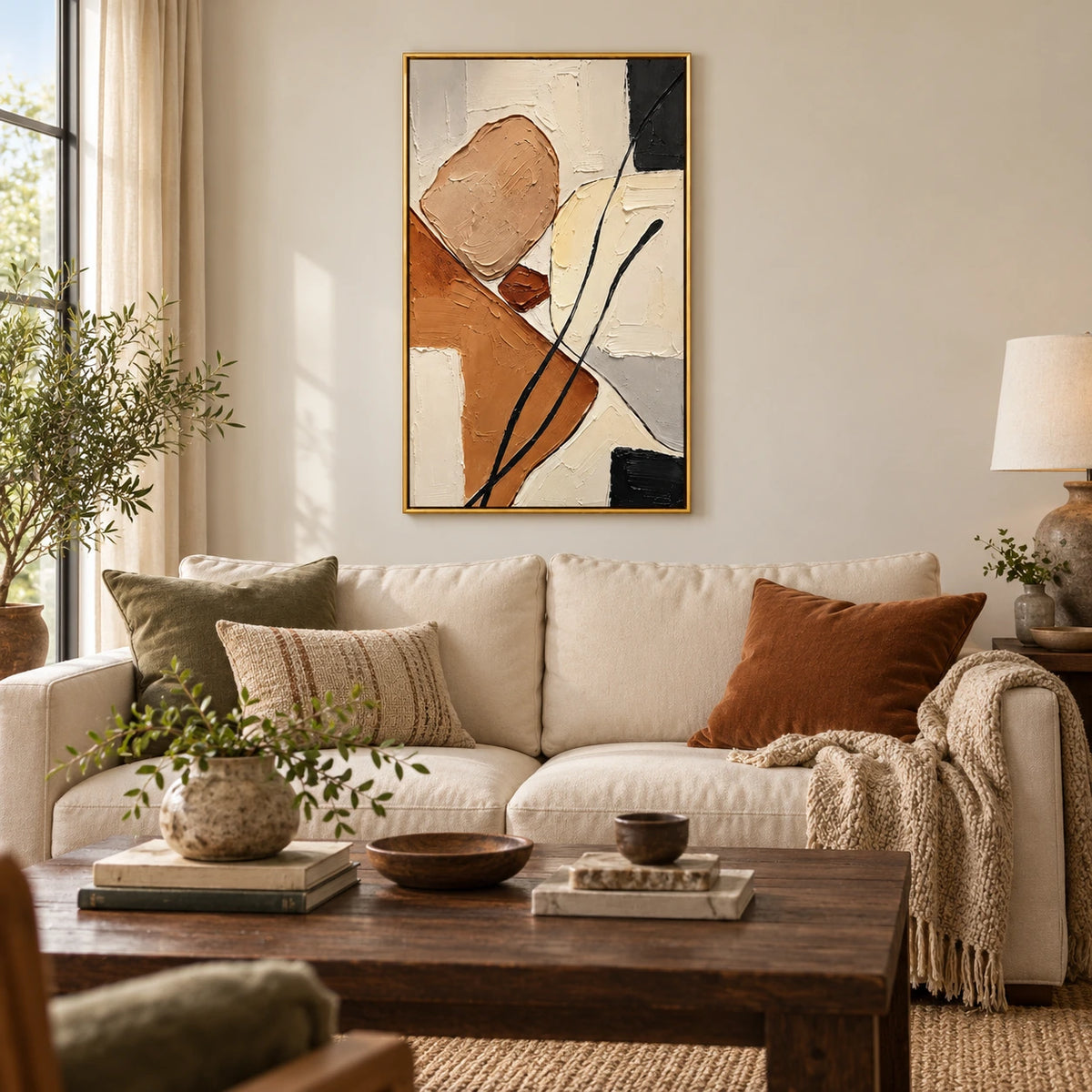 Earth Tone Abstract Oil Painting | Beige Cream Rust Black Blocks and Flowing Lines Textured Vertical Wall Art OA 1760