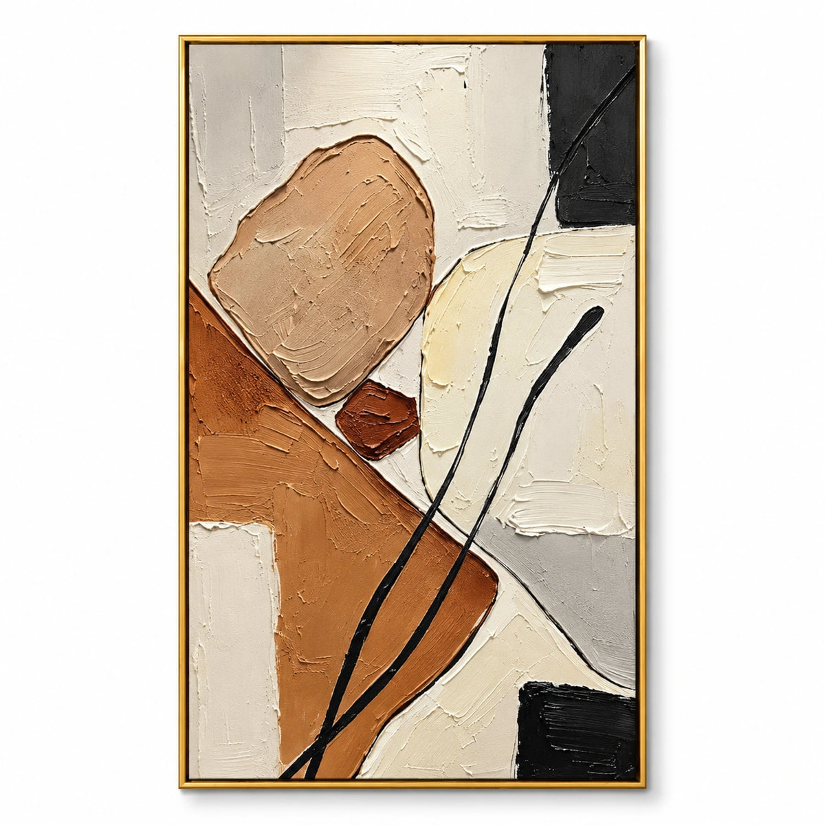 Earth Tone Abstract Oil Painting | Beige Cream Rust Black Blocks and Flowing Lines Textured Vertical Wall Art OA 1760