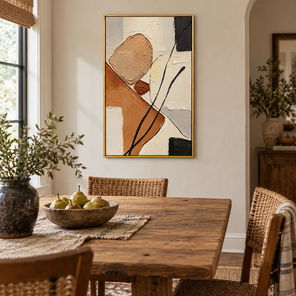 Earth Tone Abstract Oil Painting | Beige Cream Rust Black Blocks and Flowing Lines Textured Vertical Wall Art OA 1760