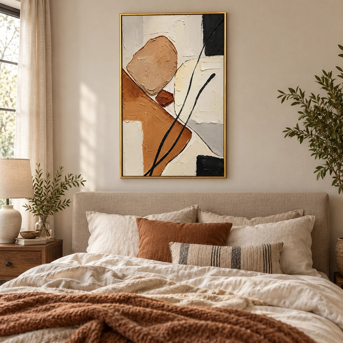 Earth Tone Abstract Oil Painting | Beige Cream Rust Black Blocks and Flowing Lines Textured Vertical Wall Art OA 1760