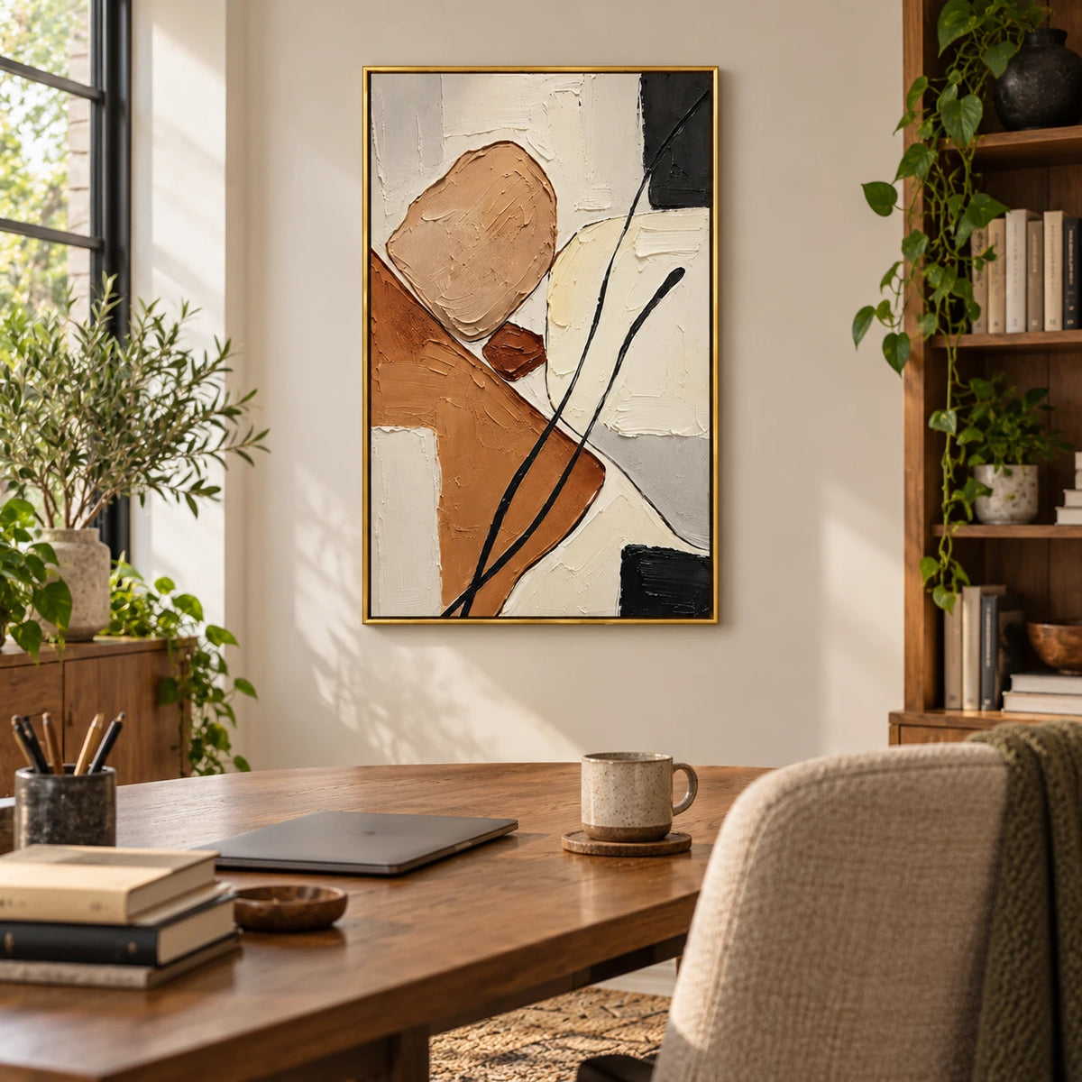 Earth Tone Abstract Oil Painting | Beige Cream Rust Black Blocks and Flowing Lines Textured Vertical Wall Art OA 1760