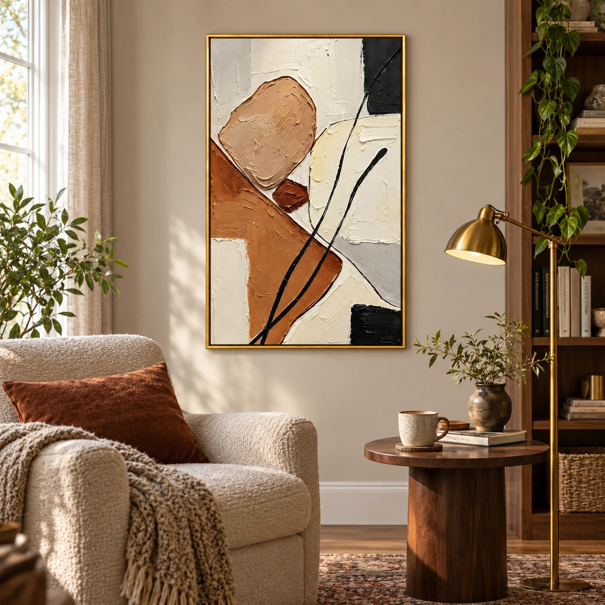 Earth Tone Abstract Oil Painting | Beige Cream Rust Black Blocks and Flowing Lines Textured Vertical Wall Art OA 1760