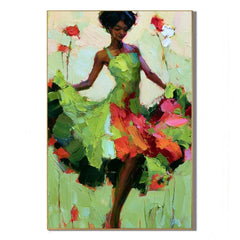 Elegant Woman in a Green Floral Dress Textured Figurative Oil Painting – Vertical Colorful Impasto Wall Art | Ownanart # OA 1218
