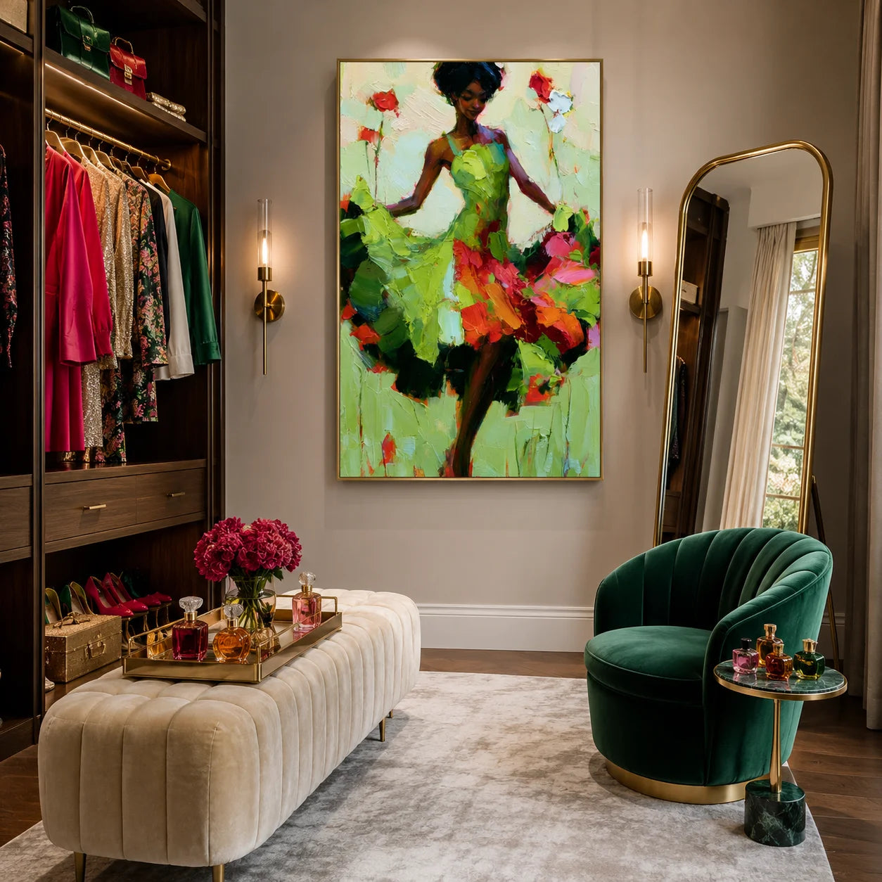 Elegant Woman in a Green Floral Dress Textured Figurative Oil Painting – Vertical Colorful Impasto Wall Art | Ownanart # OA 1218