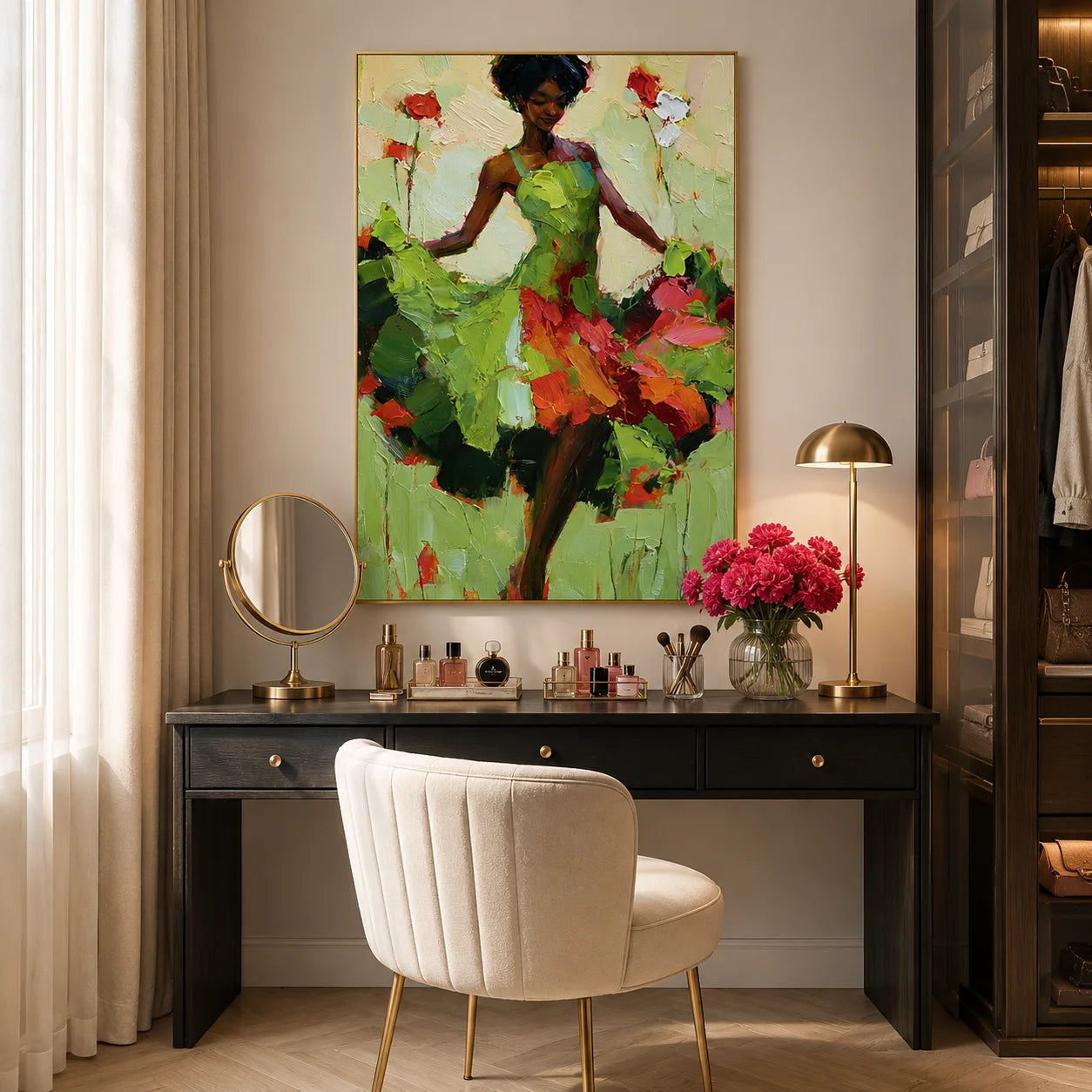 Elegant Woman in a Green Floral Dress Textured Figurative Oil Painting – Vertical Colorful Impasto Wall Art | Ownanart # OA 1218