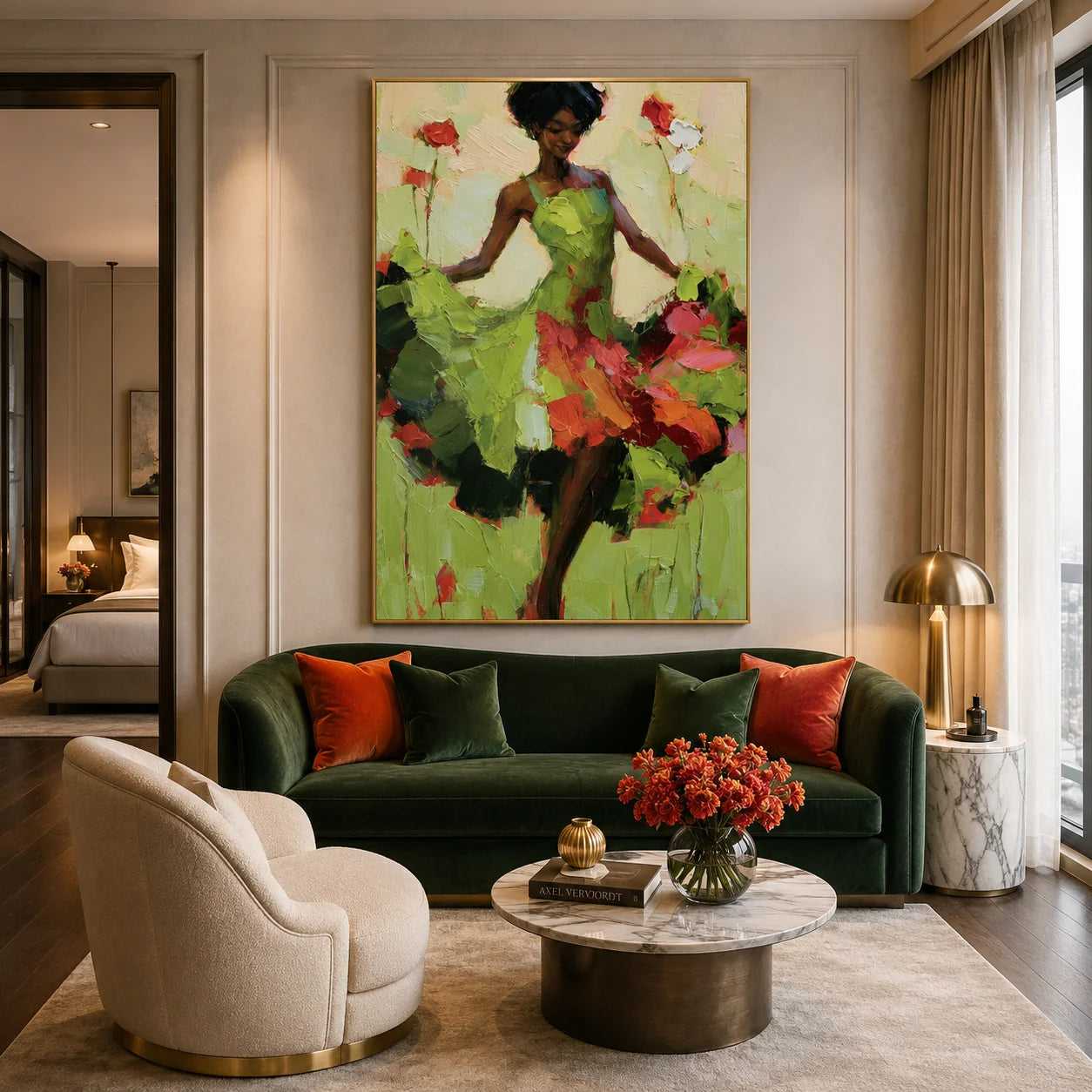 Elegant Woman in a Green Floral Dress Textured Figurative Oil Painting – Vertical Colorful Impasto Wall Art | Ownanart # OA 1218