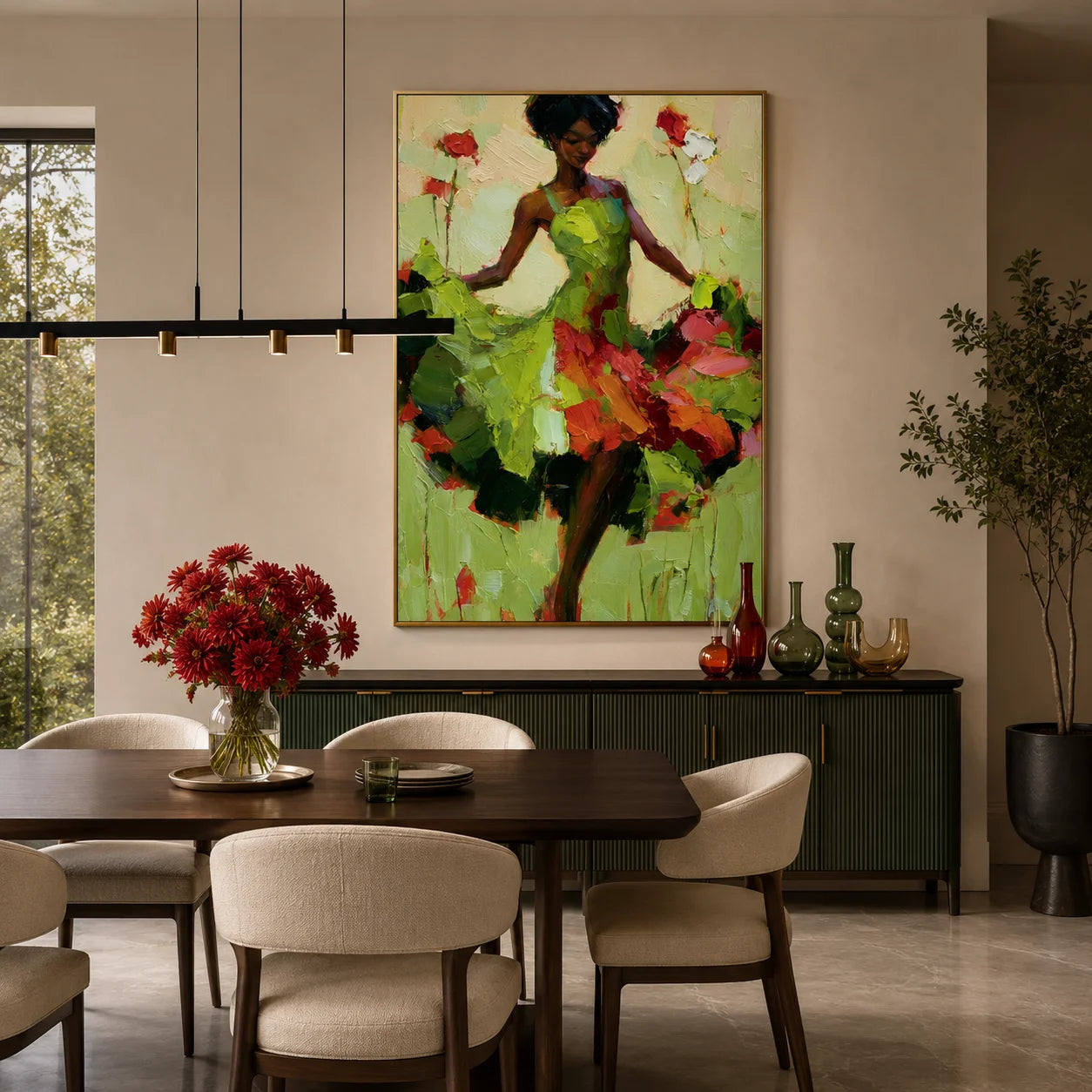 Elegant Woman in a Green Floral Dress Textured Figurative Oil Painting – Vertical Colorful Impasto Wall Art | Ownanart # OA 1218