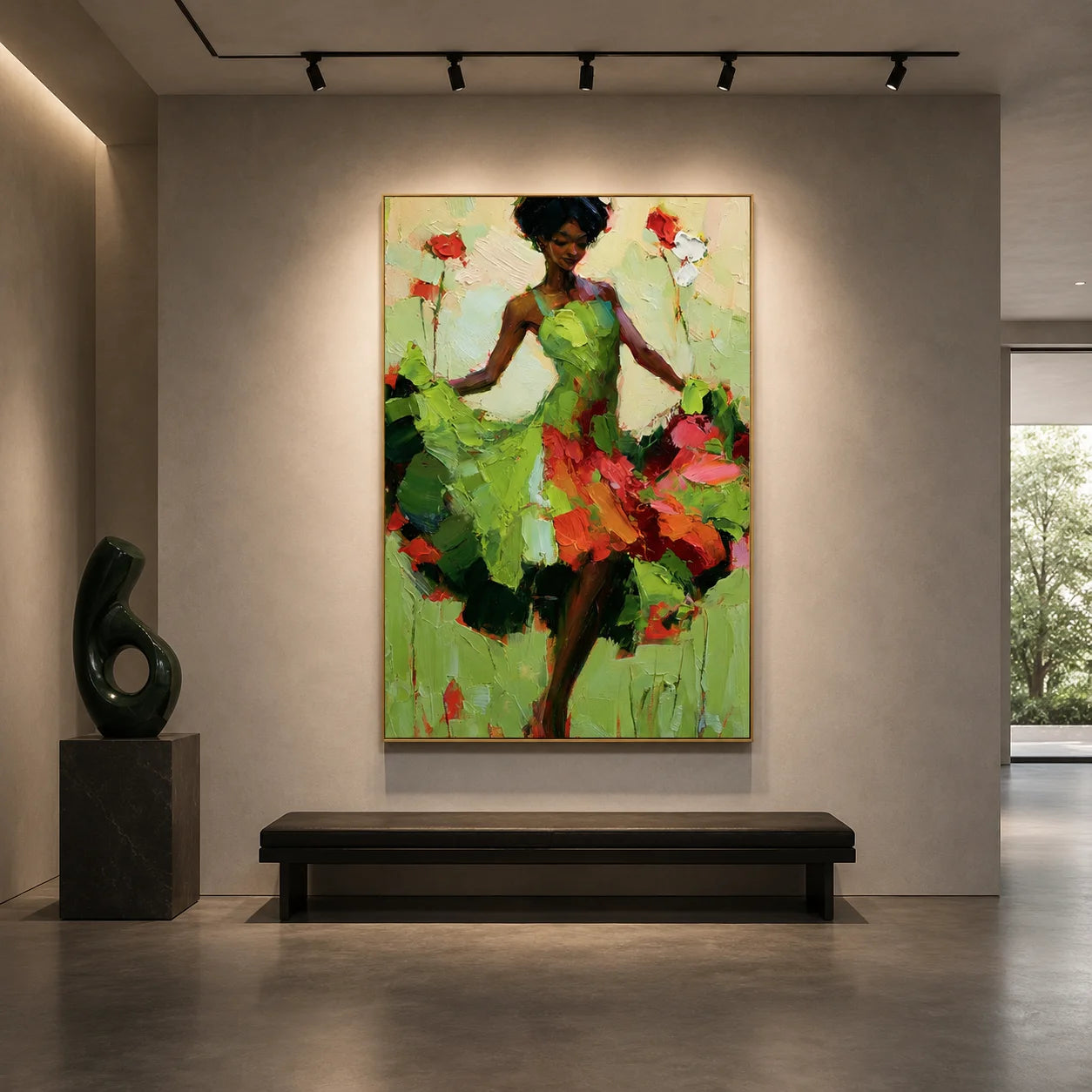 Elegant Woman in a Green Floral Dress Textured Figurative Oil Painting – Vertical Colorful Impasto Wall Art | Ownanart # OA 1218