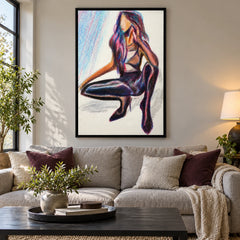 Faceless Seated Woman Oil Painting | Purple Hair and Dark Boots Minimalist Fashion Figure Wall Art #OA 1687