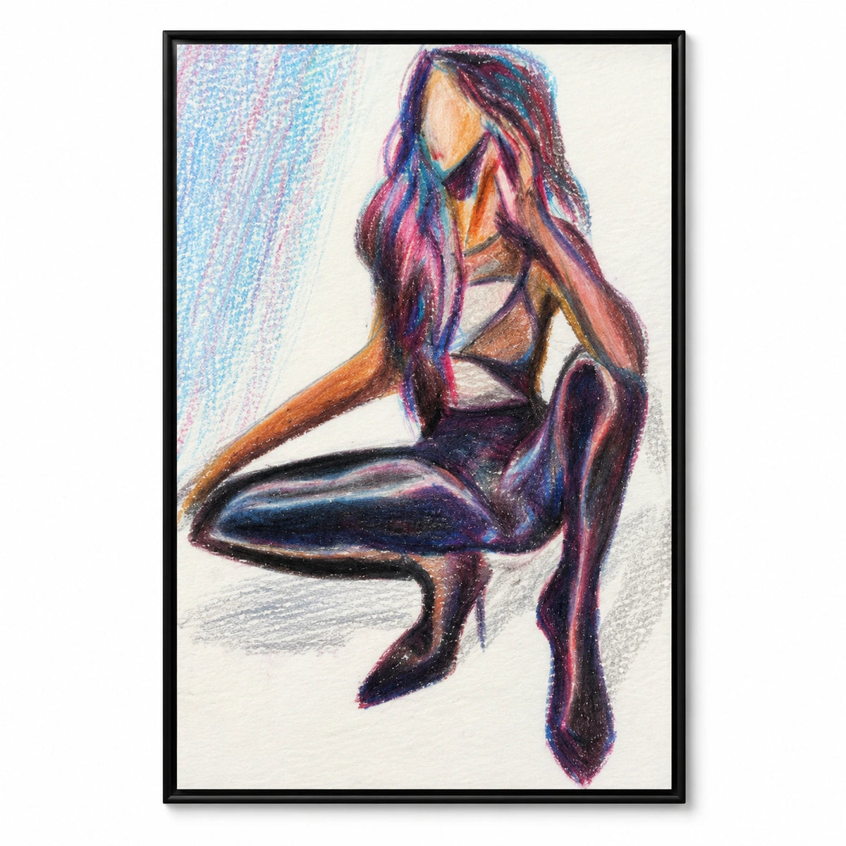 Faceless Seated Woman Oil Painting | Purple Hair and Dark Boots Minimalist Fashion Figure Wall Art #OA 1687