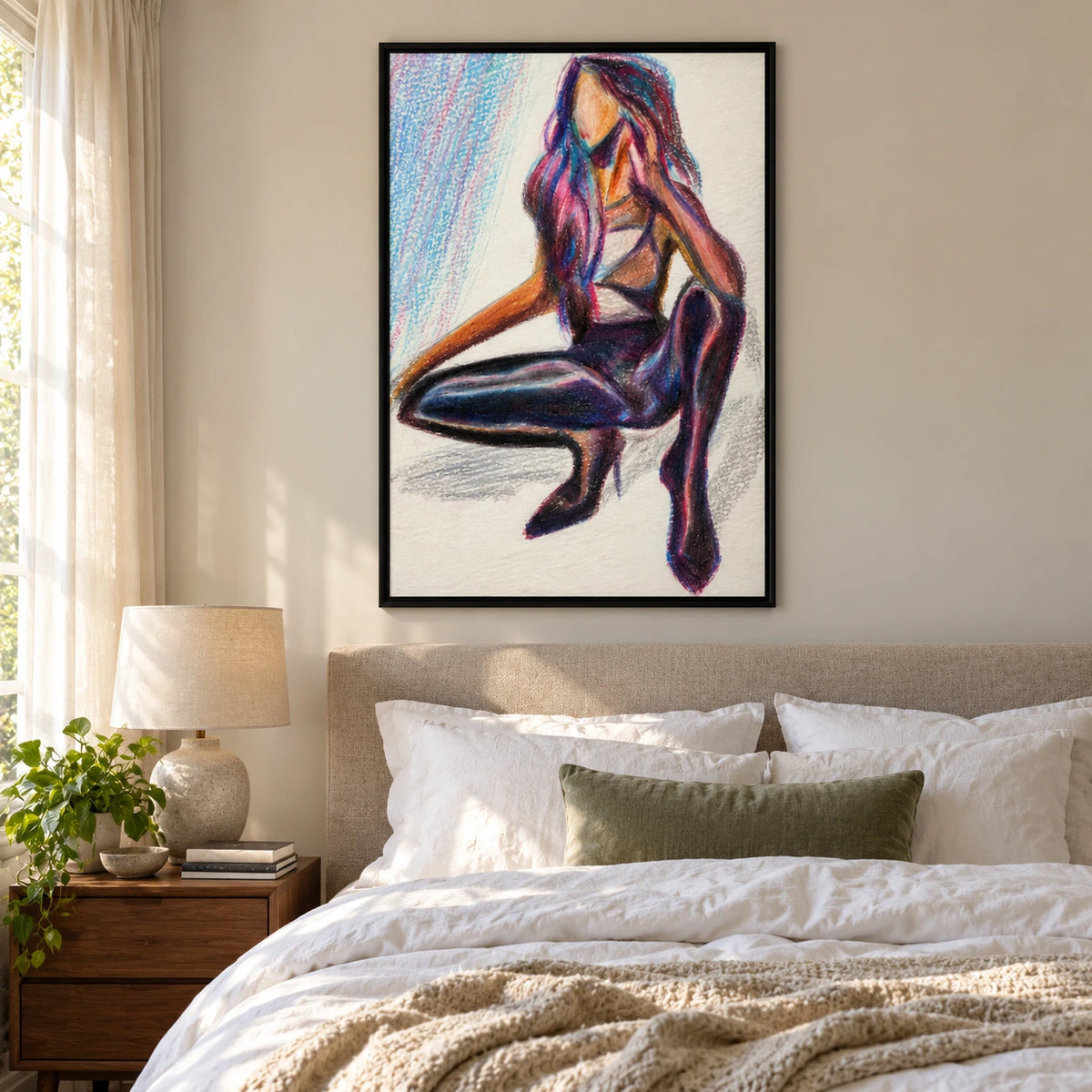 Faceless Seated Woman Oil Painting | Purple Hair and Dark Boots Minimalist Fashion Figure Wall Art #OA 1687