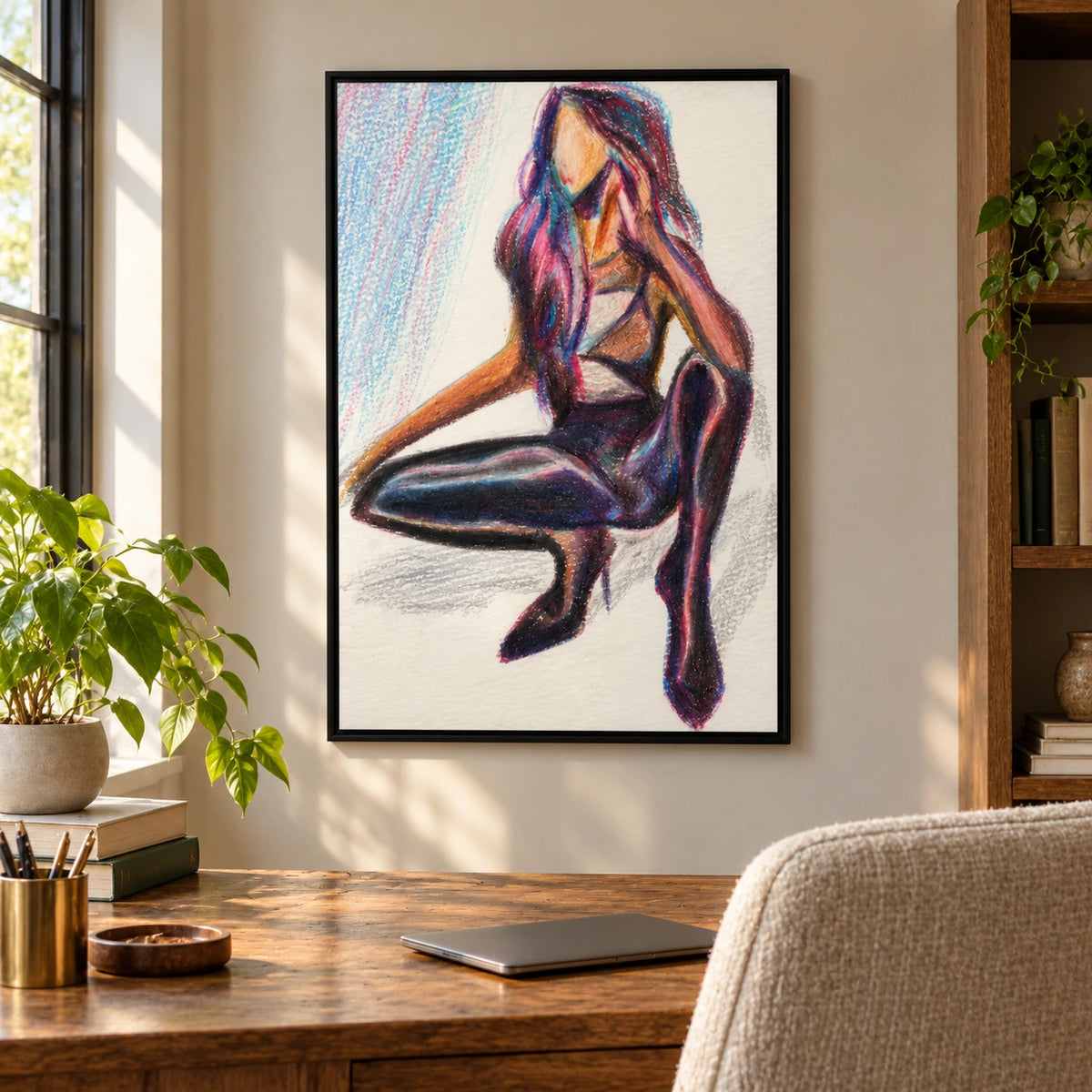 Faceless Seated Woman Oil Painting | Purple Hair and Dark Boots Minimalist Fashion Figure Wall Art #OA 1687