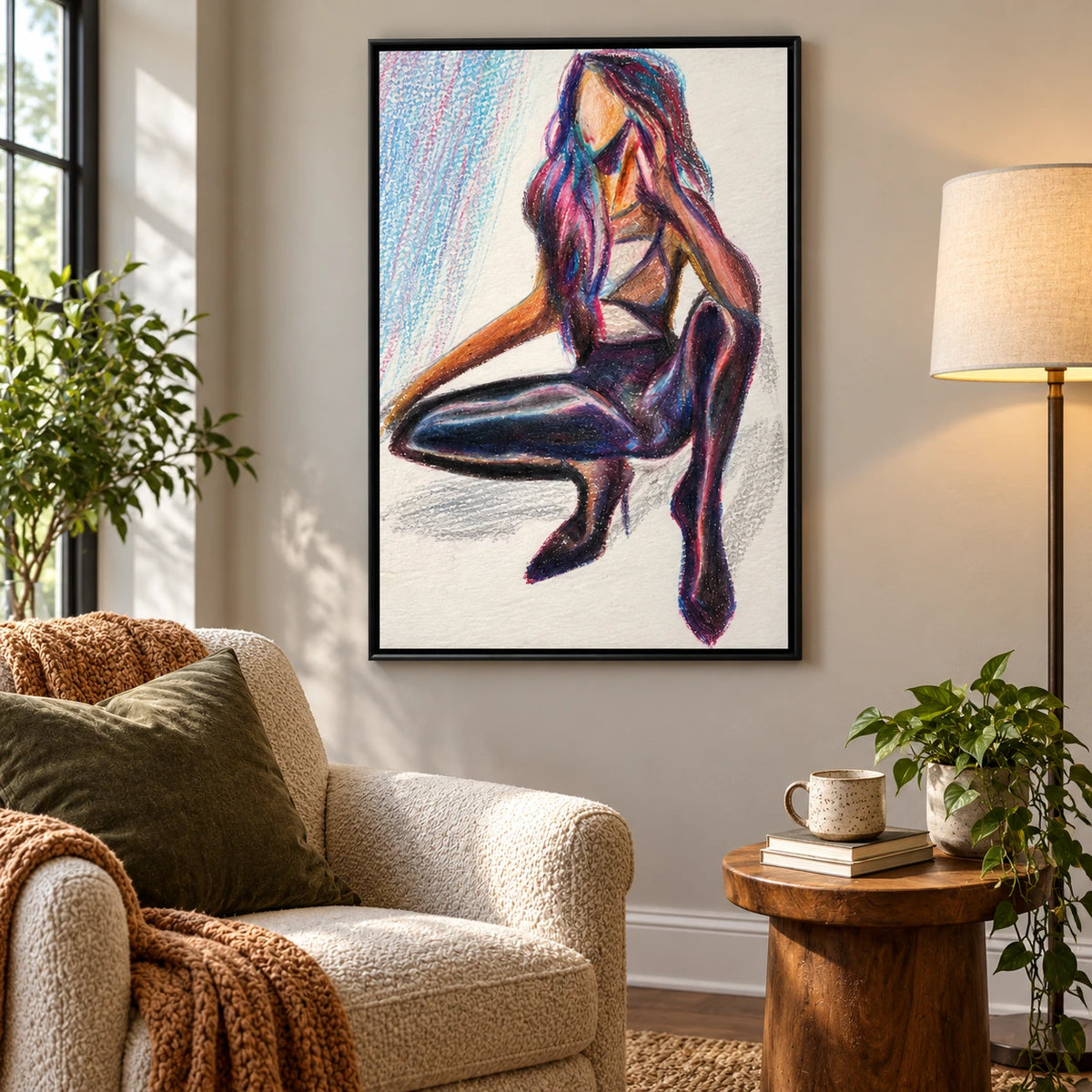 Faceless Seated Woman Oil Painting | Purple Hair and Dark Boots Minimalist Fashion Figure Wall Art #OA 1687