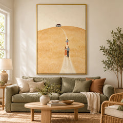 Family Walking Through Golden Field Oil Painting | Minimalist Country House Landscape Vertical Wall Art #OA 1667