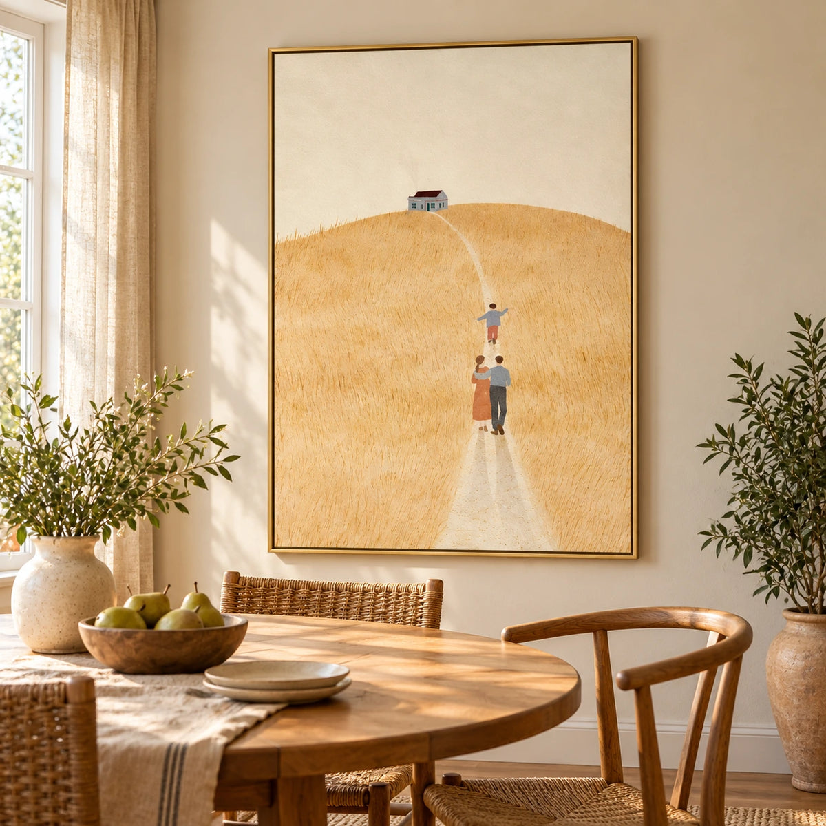 Family Walking Through Golden Field Oil Painting | Minimalist Country House Landscape Vertical Wall Art OA 1667