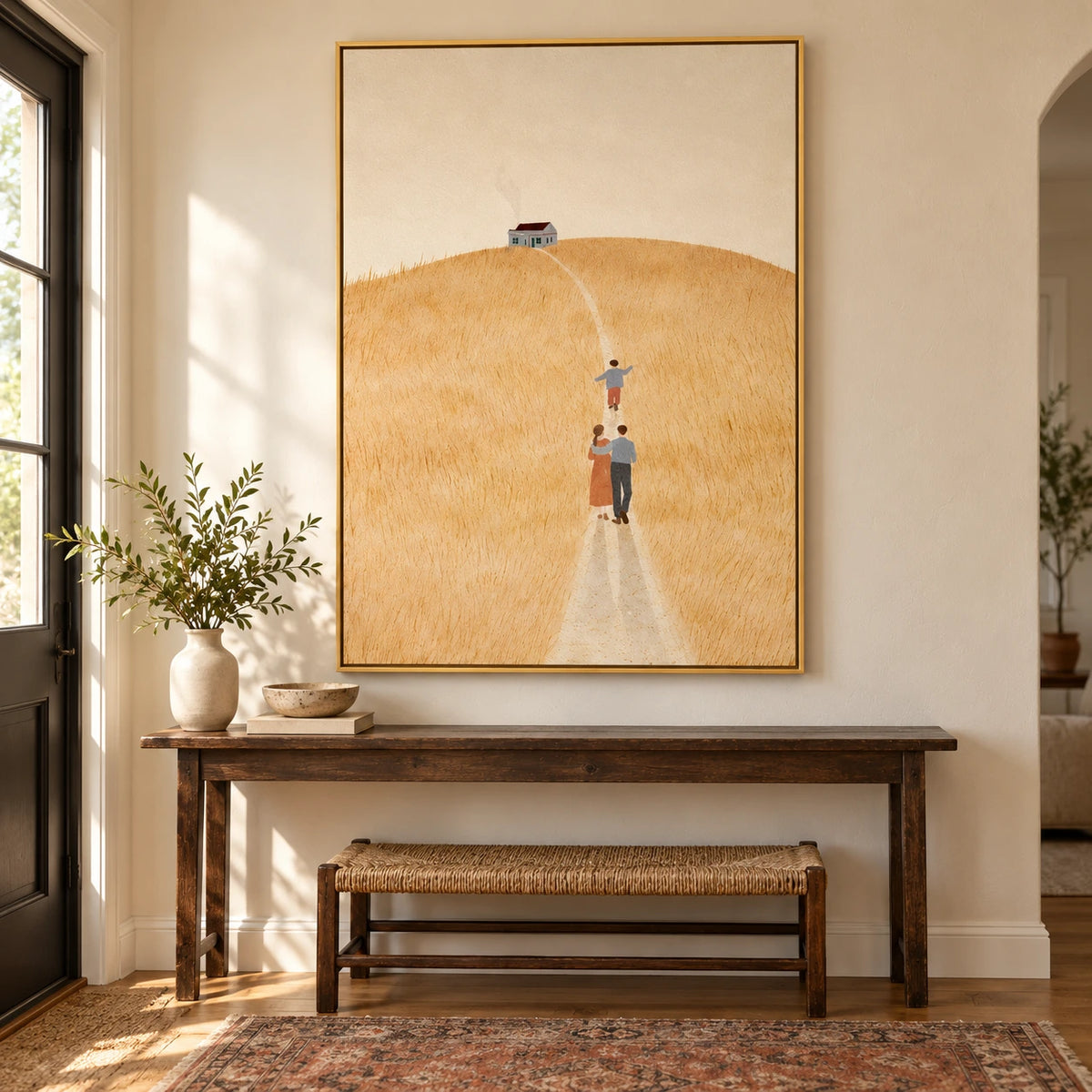 Family Walking Through Golden Field Oil Painting | Minimalist Country House Landscape Vertical Wall Art OA 1667