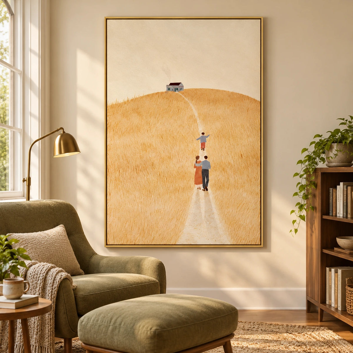 Family Walking Through Golden Field Oil Painting | Minimalist Country House Landscape Vertical Wall Art OA 1667