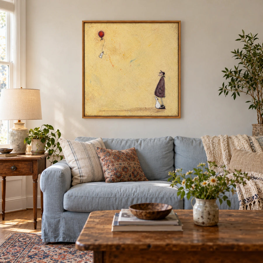 Figure and White Dog Watching Red Balloon Oil Painting | Pale Yellow Background Whimsical Square Wall Art #OA 1767