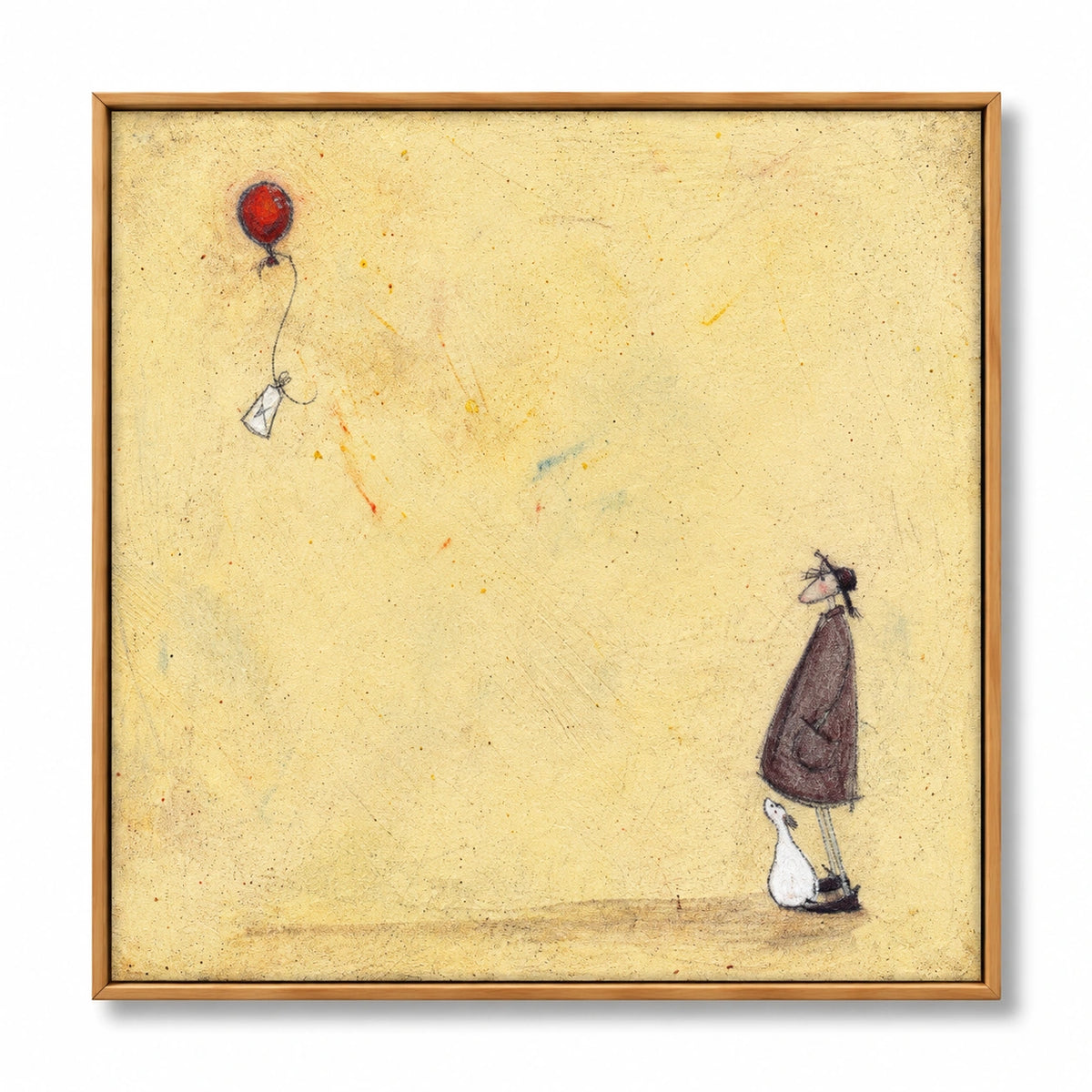 Figure and White Dog Watching Red Balloon Oil Painting | Pale Yellow Background Whimsical Square Wall Art OA 1767