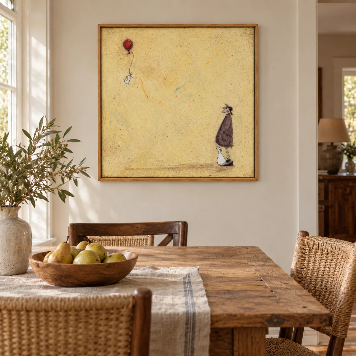 Figure and White Dog Watching Red Balloon Oil Painting | Pale Yellow Background Whimsical Square Wall Art OA 1767