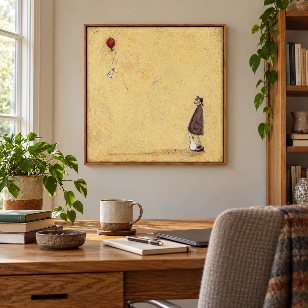 Figure and White Dog Watching Red Balloon Oil Painting | Pale Yellow Background Whimsical Square Wall Art OA 1767