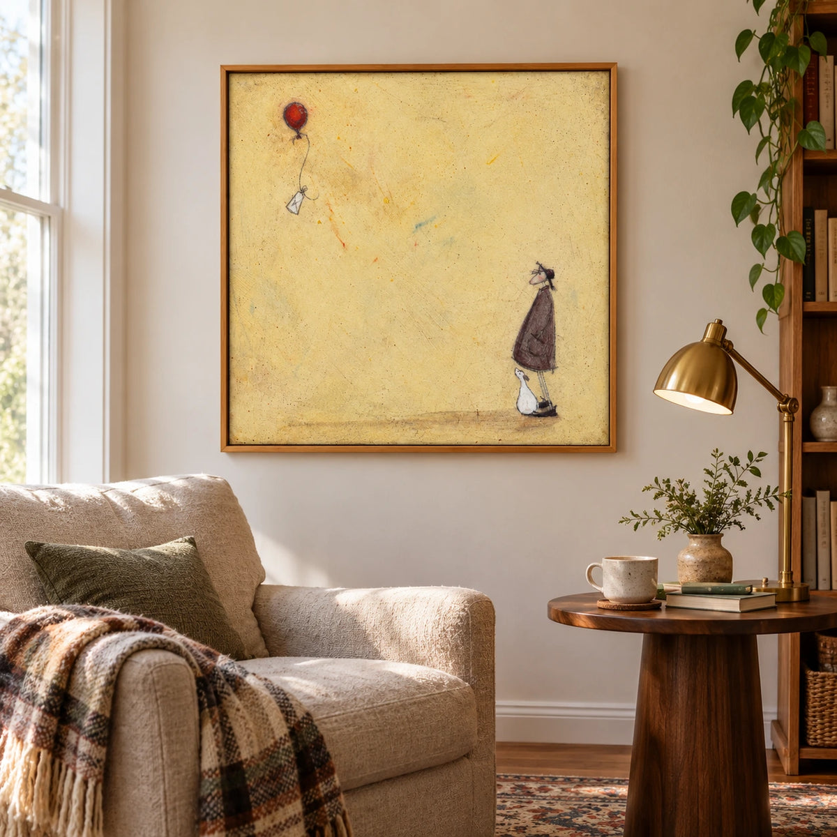 Figure and White Dog Watching Red Balloon Oil Painting | Pale Yellow Background Whimsical Square Wall Art OA 1767