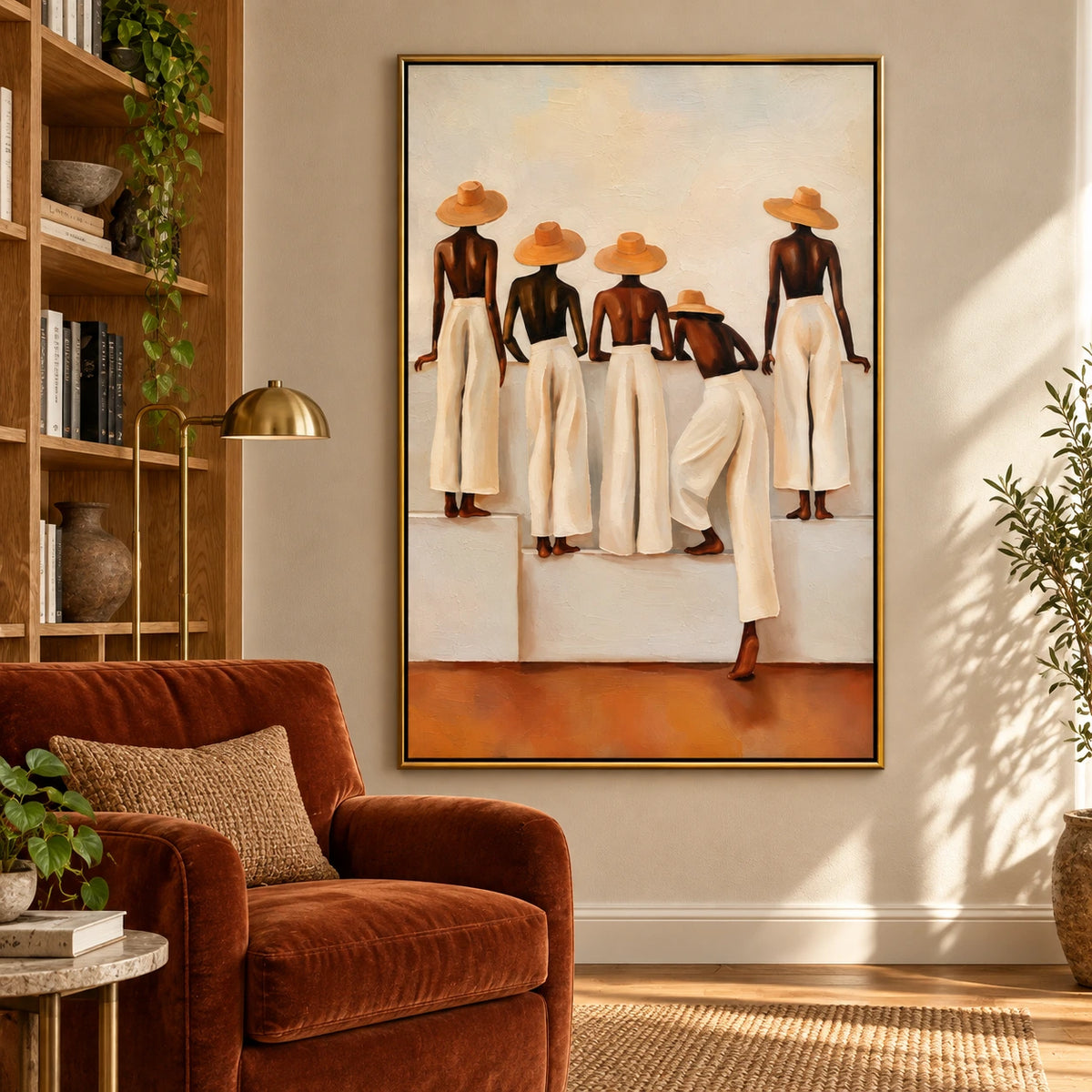 Five Women in Straw Hats and White Trousers Oil Painting | Neutral Terracotta Figurative Vertical Wall Art #OA 1641
