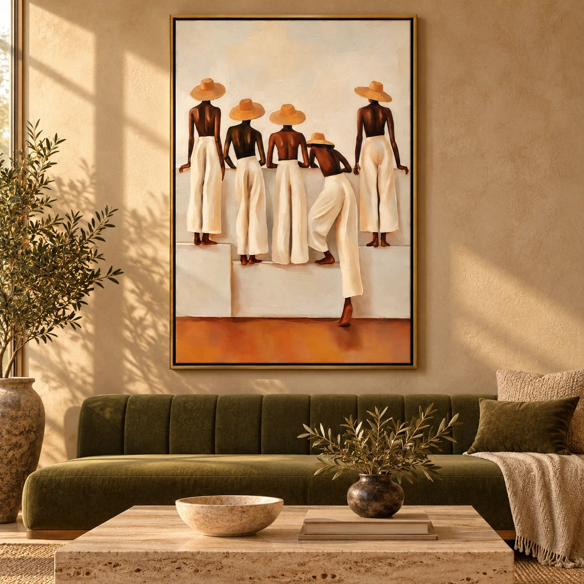 Five Women in Straw Hats and White Trousers Oil Painting | Neutral Terracotta Figurative Vertical Wall Art #OA 1641