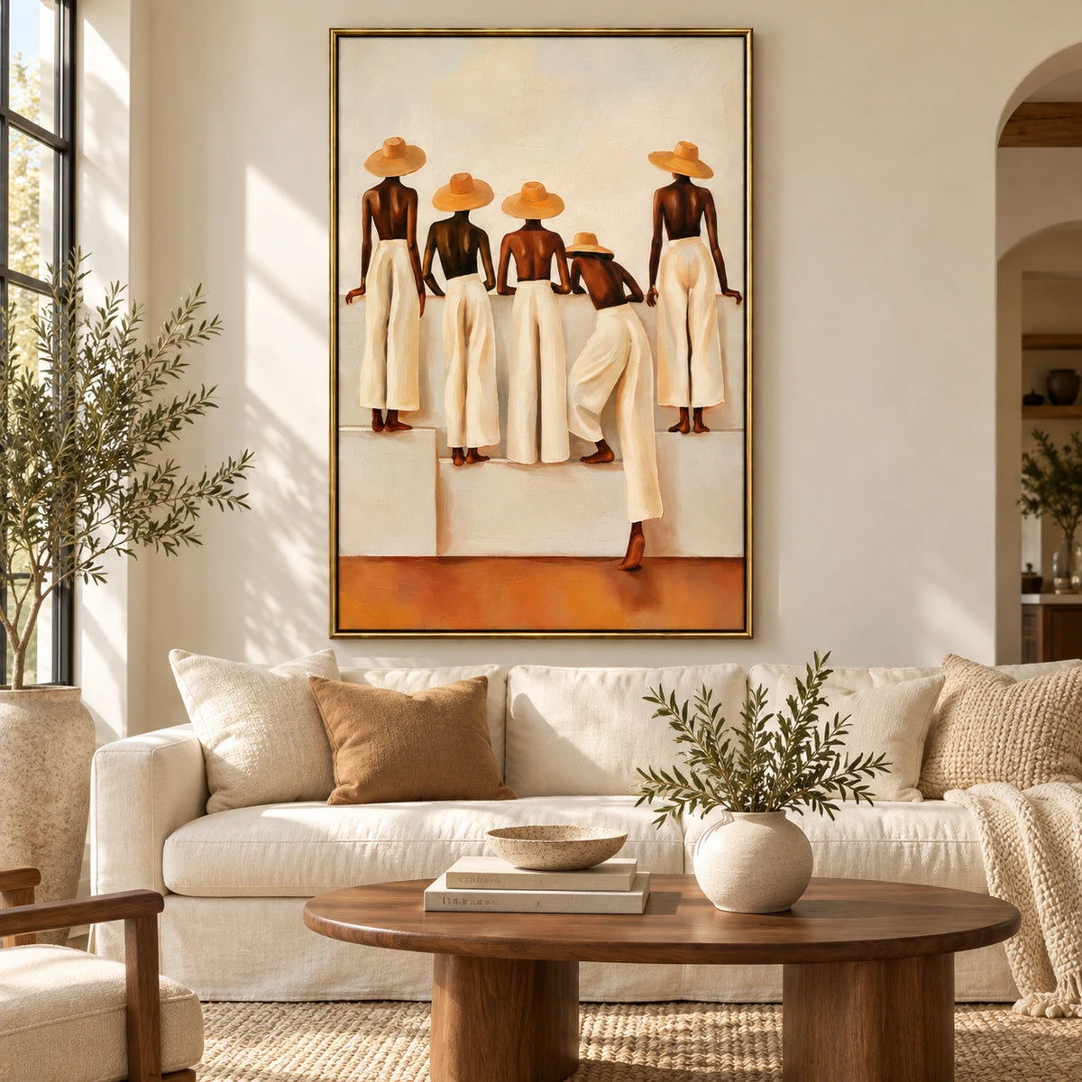 Five Women in Straw Hats and White Trousers Oil Painting | Neutral Terracotta Figurative Vertical Wall Art #OA 1641