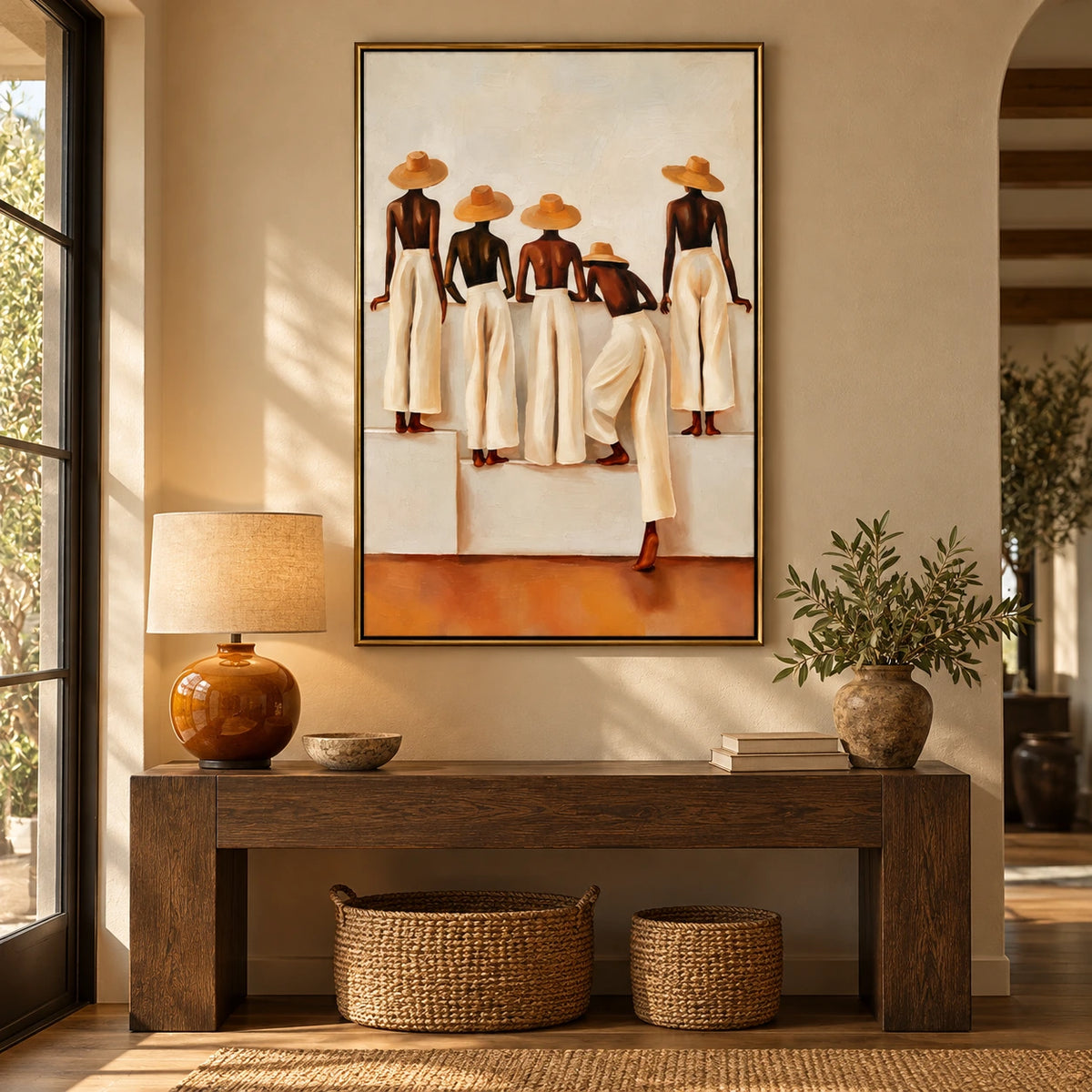 Five Women in Straw Hats and White Trousers Oil Painting | Neutral Terracotta Figurative Vertical Wall Art #OA 1641