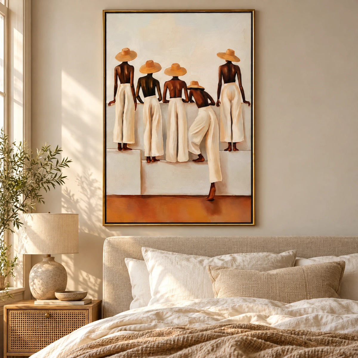 Five Women in Straw Hats and White Trousers Oil Painting | Neutral Terracotta Figurative Vertical Wall Art #OA 1641