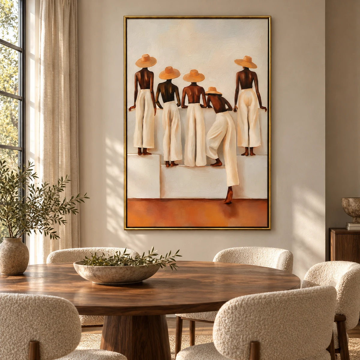 Five Women in Straw Hats and White Trousers Oil Painting | Neutral Terracotta Figurative Vertical Wall Art #OA 1641